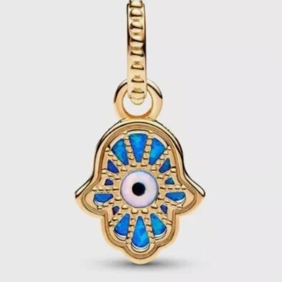 AUTH PANDORA Moments Opalescent Blue Hamsa Hand Dangle Charm 762699C01 - Picture 14 of 16